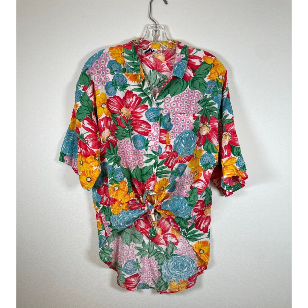 Vintage Tempo Womens Top Small Colorful Floral Tie Front Button Up Art Tropical